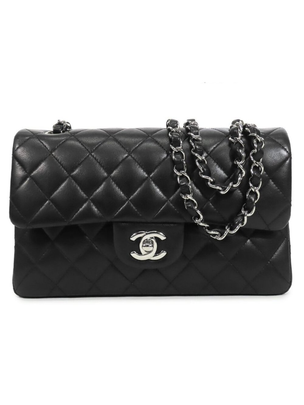 Chanel Chain Black Silver Lambskin Quilted 23 Double Flap Shoulder Bag